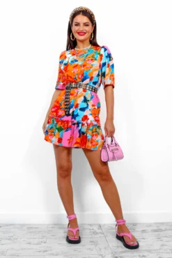 Shes Perfect - Pink Orange Floral Mini Dress -Glamoros Clothing Shop She sPerfect PinkOrangeFloralMiniDress1
