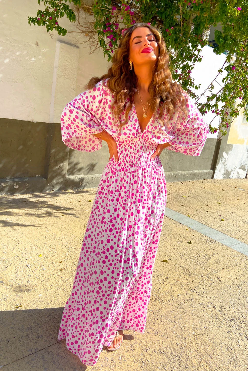 Shirred Time Lucky - White Pink Spot Shirred Waist Maxi Dress 1 Shirred Time Lucky - White Pink Spot Shirred Waist Maxi Dress