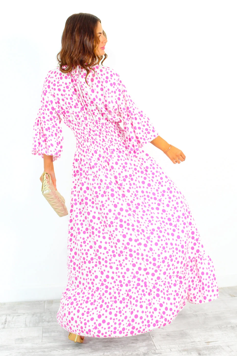 Shirred Time Lucky - White Pink Spot Shirred Waist Maxi Dress 7 Shirred Time Lucky - White Pink Spot Shirred Waist Maxi Dress - Image 7