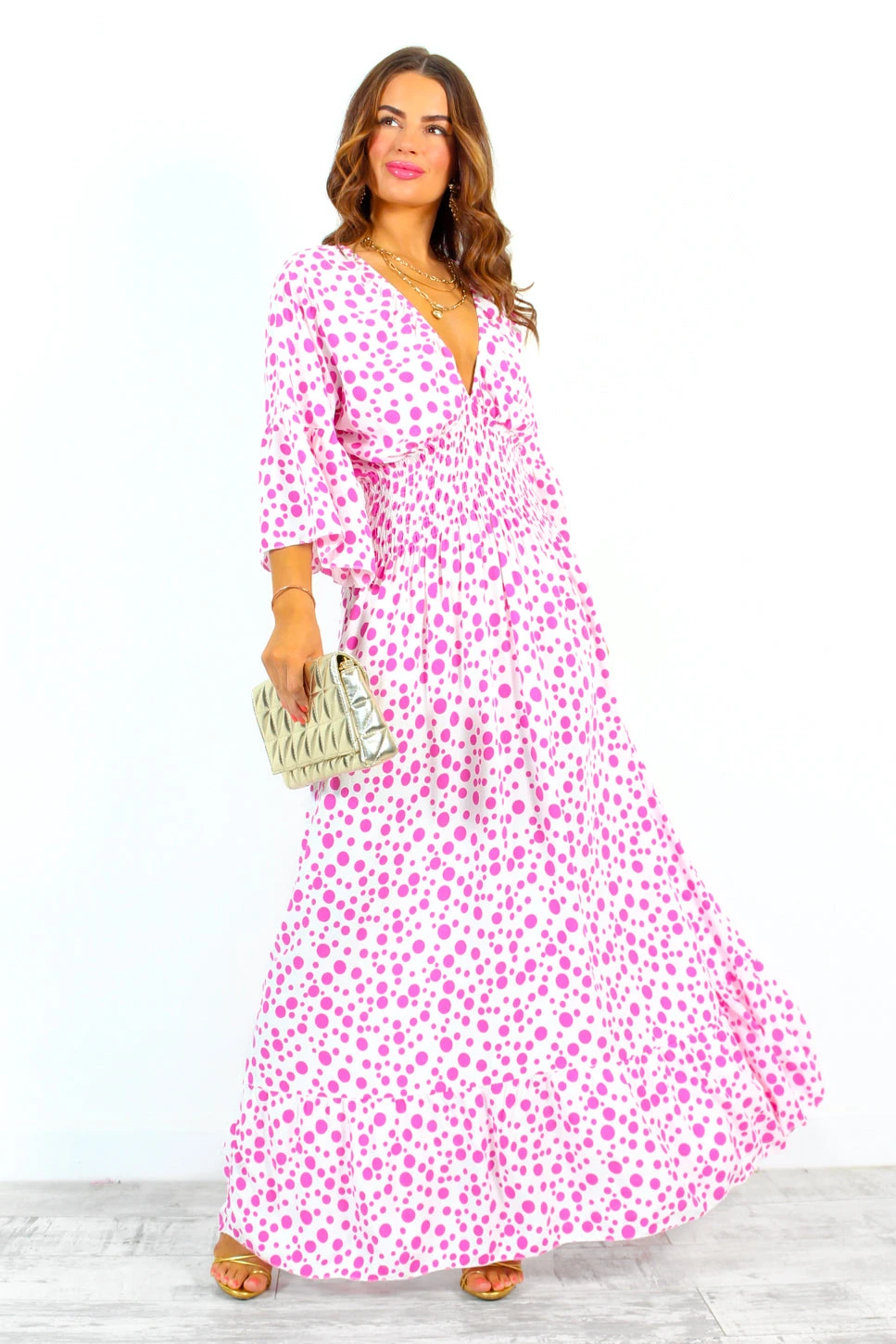 Shirred Time Lucky - White Pink Spot Shirred Waist Maxi Dress 8 Shirred Time Lucky - White Pink Spot Shirred Waist Maxi Dress - Image 8