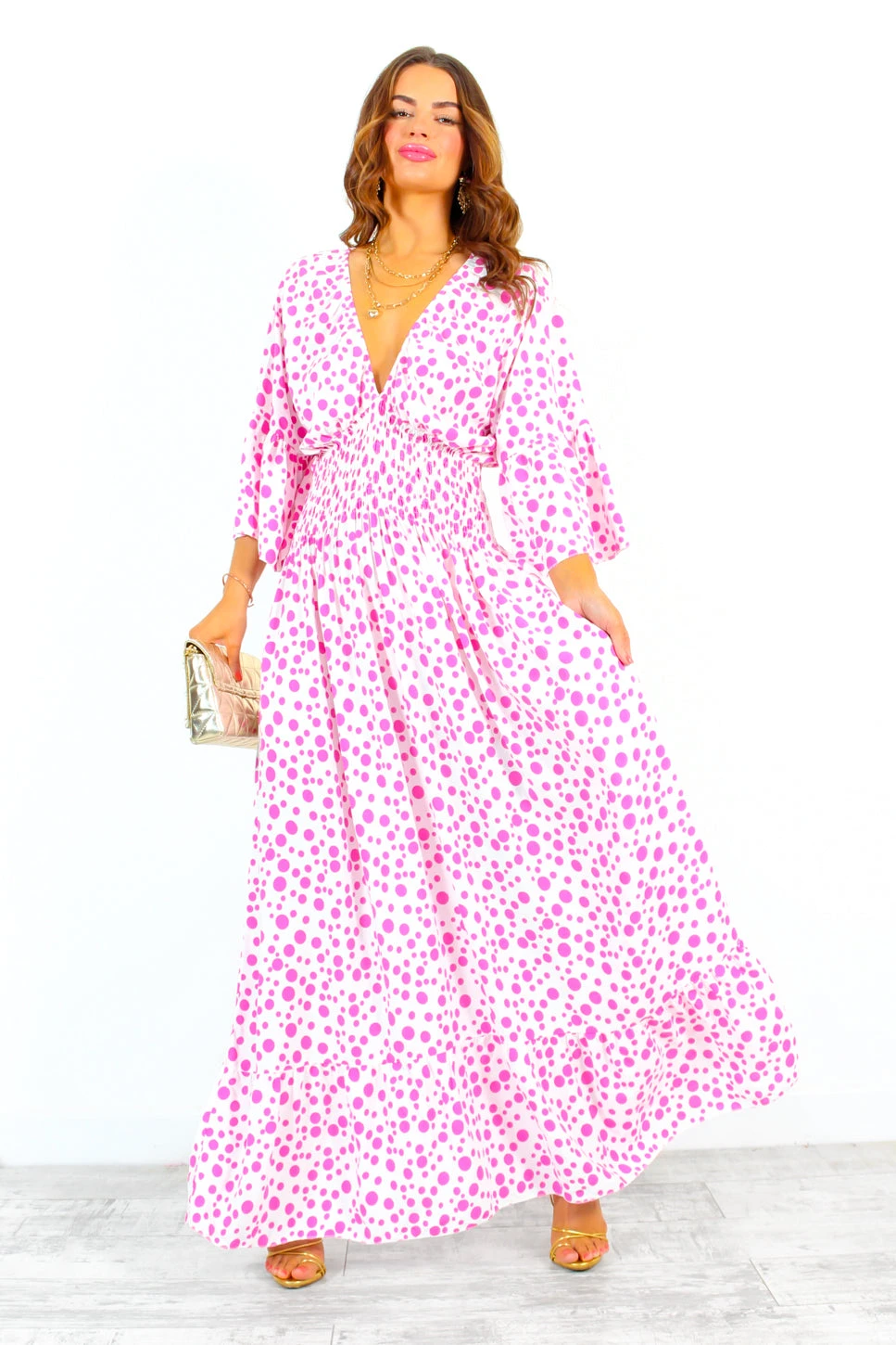 Shirred Time Lucky - White Pink Spot Shirred Waist Maxi Dress 6 Shirred Time Lucky - White Pink Spot Shirred Waist Maxi Dress - Image 6