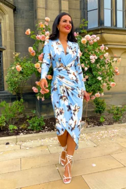 Simple And Elegant - Blue Floral Long Sleeve Midi Dress