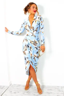Simple And Elegant - Blue Floral Long Sleeve Midi Dress -Glamoros Clothing Shop SimpleAndElegant BlueFloralLongSleeveMidiDress 1