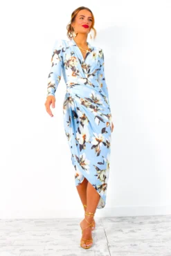 Simple And Elegant - Blue Floral Long Sleeve Midi Dress -Glamoros Clothing Shop SimpleAndElegant BlueFloralLongSleeveMidiDress 2