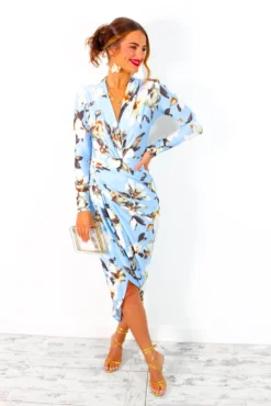 Simple And Elegant - Blue Floral Long Sleeve Midi Dress -Glamoros Clothing Shop SimpleAndElegant BlueFloralLongSleeveMidiDress 3