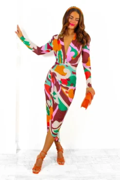 Simple And Elegant - Multi Abstract Floral Bodycon Midi Dress -Glamoros Clothing Shop SimpleAndElegant MultiAbstractFloralBodyconMidiDress 1