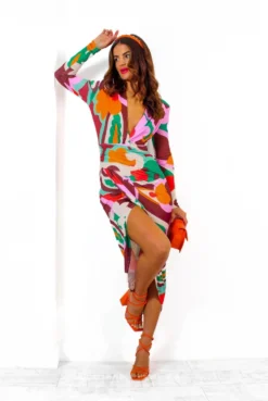 Simple And Elegant - Multi Abstract Floral Bodycon Midi Dress -Glamoros Clothing Shop SimpleAndElegant MultiAbstractFloralBodyconMidiDress 2