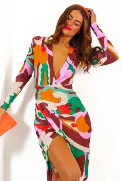 Simple And Elegant - Multi Abstract Floral Bodycon Midi Dress -Glamoros Clothing Shop SimpleAndElegant MultiAbstractFloralBodyconMidiDress 3