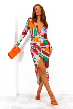 Simple And Elegant - Multi Abstract Floral Bodycon Midi Dress -Glamoros Clothing Shop SimpleAndElegant MultiAbstractFloralBodyconMidiDress 4