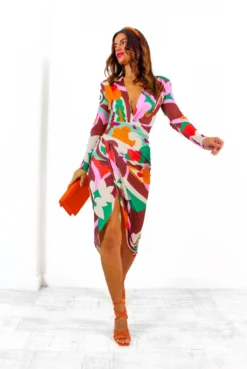 Simple And Elegant - Multi Abstract Floral Bodycon Midi Dress -Glamoros Clothing Shop SimpleAndElegant MultiAbstractFloralBodyconMidiDress 6