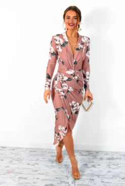 Simple And Elegant - Nude Floral Long Sleeve Midi Dress -Glamoros Clothing Shop SimpleAndElegant NudeFloralLongSleeveMidiDress 3