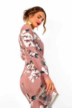 Simple And Elegant - Nude Floral Long Sleeve Midi Dress -Glamoros Clothing Shop SimpleAndElegant NudeFloralLongSleeveMidiDress 4