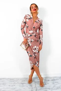 Simple And Elegant - Nude Floral Long Sleeve Midi Dress -Glamoros Clothing Shop SimpleAndElegant NudeFloralLongSleeveMidiDress 5