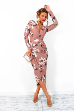 Simple And Elegant - Nude Floral Long Sleeve Midi Dress -Glamoros Clothing Shop SimpleAndElegant NudeFloralLongSleeveMidiDress 6