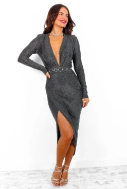 Simple And Elegant - Silver Glitter Long Sleeve Midi Dress -Glamoros Clothing Shop SimpleAndElegant SilverGlitterLongSleeveMidiDress 3