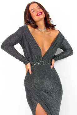 Simple And Elegant - Silver Glitter Long Sleeve Midi Dress -Glamoros Clothing Shop SimpleAndElegant SilverGlitterLongSleeveMidiDress 8