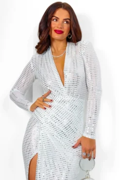 Simple And Elegant - White Silver Sequin Bodycon Midi Dress 20 Simple And Elegant - White Silver Sequin Bodycon Midi Dress -Glamoros Clothing Shop SimpleAndElegant WhiteSilverSequinBodyconMidiDress 5