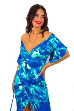 Simple And Elegant - Blue Green Angel Sleeve Midi Dress -Glamoros Clothing Shop SimpleandElegant BlueGreenAngelSleeveMidiDress6