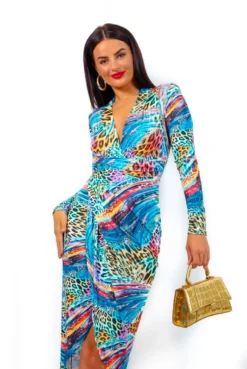 Simple And Elegant - Ocean Blue Multi Leopard Midi Dress -Glamoros Clothing Shop SimpleandElegant OceanBlueMultiLeopardMidiDress3