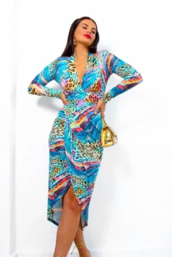 Simple And Elegant - Ocean Blue Multi Leopard Midi Dress
