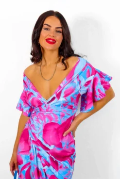 Simple And Elegant - Pink Blue Angel Sleeve Midi Dress -Glamoros Clothing Shop SimpleandElegant PinkBlueAngelSleeveMidiDress4