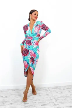 Simple And Elegant - Turquoise Multi Floral Midi Dress -Glamoros Clothing Shop SimpleandElegant TurquoiseMultiFloralMidiDress2