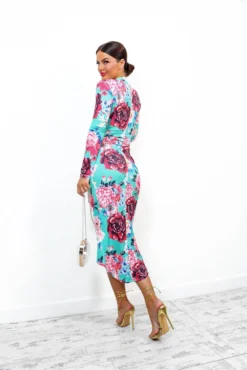 Simple And Elegant - Turquoise Multi Floral Midi Dress -Glamoros Clothing Shop SimpleandElegant TurquoiseMultiFloralMidiDress4