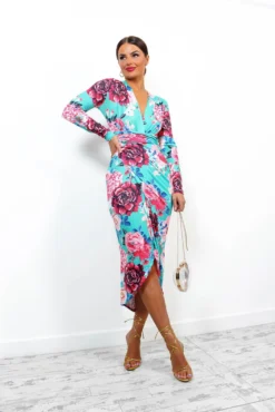 Simple And Elegant - Turquoise Multi Floral Midi Dress