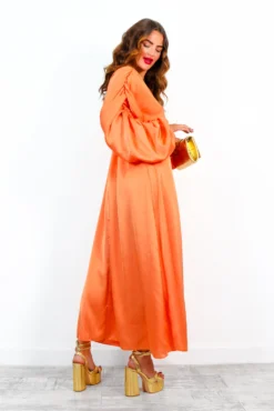 Sleeve An Impression - Orange Ruched Sleeve Plunge Maxi Dress -Glamoros Clothing Shop SleeveAnImpression OrangeRuchedSleevePlungeMaxiDress 2