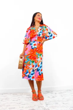 Sleeve You Behind - Pink Orange Floral Midi Dress -Glamoros Clothing Shop SleeveYouBehind PinkOrangeFloralMidiDress 1