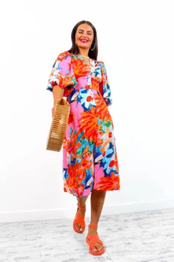 Sleeve You Behind - Pink Orange Floral Midi Dress -Glamoros Clothing Shop SleeveYouBehind PinkOrangeFloralMidiDress 2