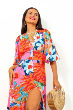 Sleeve You Behind - Pink Orange Floral Midi Dress -Glamoros Clothing Shop SleeveYouBehind PinkOrangeFloralMidiDress 6