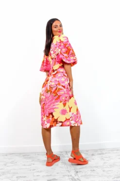 Sleeve You Behind - Pink Yellow Floral Midi Dress -Glamoros Clothing Shop SleeveYouBehind PinkYellowFloralMidiDress 2
