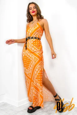 Slip Away - Orange Bandana Print Maxi Dress