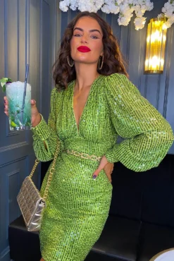 So Sensational - Green Sequin Long Sleeve Mini Dress