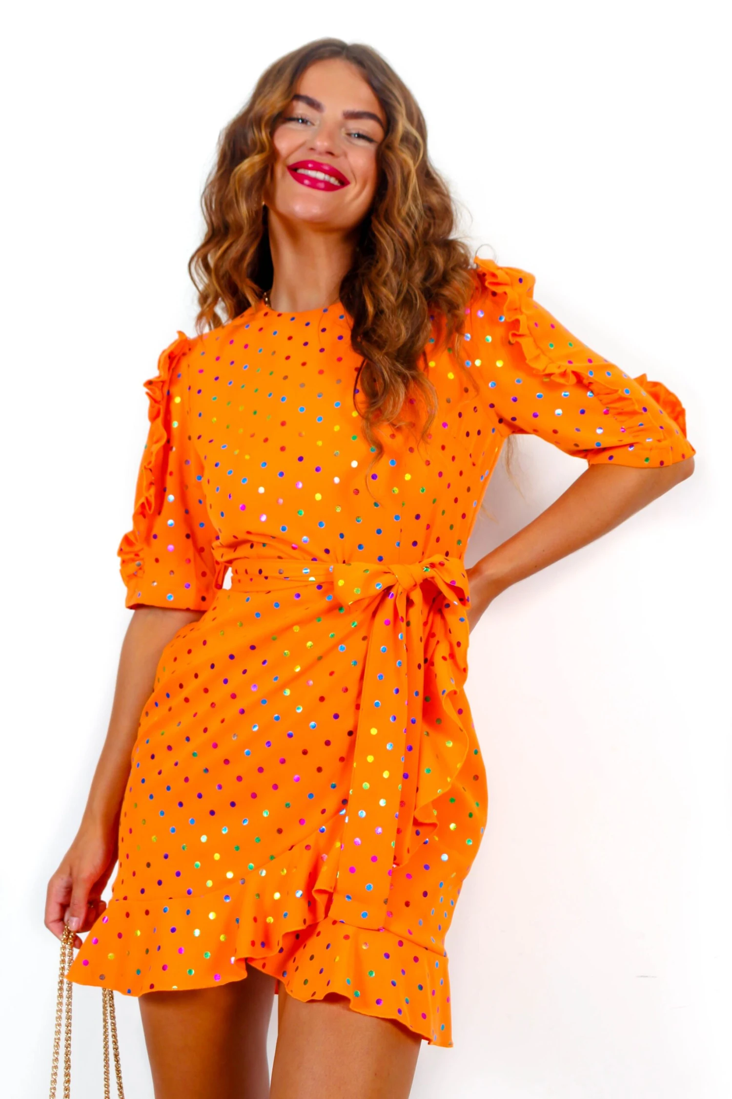 So Frilling - Orange Multi Spot Frilled Mini Dress 2 So Frilling - Orange Multi Spot Frilled Mini Dress - Image 2