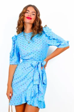 So Frilling - Turquoise Multi Spot Frilled Mini Dress -Glamoros Clothing Shop SoFrilling TurquoiseMultiSpotFrilledMiniDress 4