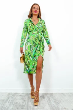 Social Climber - Green Multi Leaf Print Midi Wrap Dress
