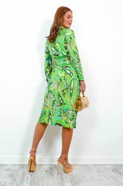 Social Climber - Green Multi Leaf Print Midi Wrap Dress -Glamoros Clothing Shop SocialClimber GreenMultiLeafPrintMidiWrapDress3 scaled