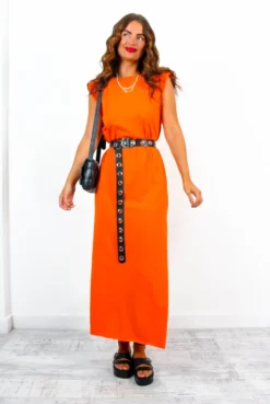 Split Em Up - Orange Shoulder Pad Split Leg Maxi Dress -Glamoros Clothing Shop SplitEmUp OrangeShoulderPadSplitLegMaxiDress 4