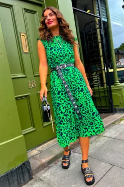 Spot My Baby - Green Leopard Print Midi Dress