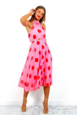 Spot The Difference - Pink Red Polka Dot Halter Neck Pleated Midi Dress -Glamoros Clothing Shop SpotTheDifference PinkRedPolkaDotHalterNeckPleatedMidiDress 1