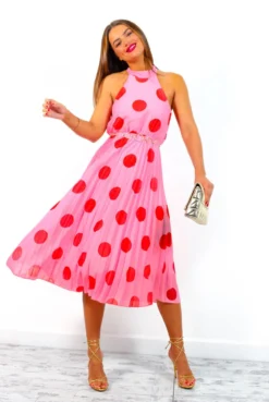 Spot The Difference - Pink Red Polka Dot Halter Neck Pleated Midi Dress -Glamoros Clothing Shop SpotTheDifference PinkRedPolkaDotHalterNeckPleatedMidiDress 2