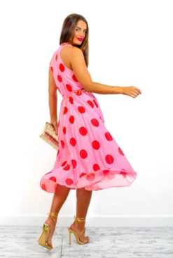 Spot The Difference - Pink Red Polka Dot Halter Neck Pleated Midi Dress -Glamoros Clothing Shop SpotTheDifference PinkRedPolkaDotHalterNeckPleatedMidiDress 3