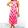 Spot The Difference - Pink Red Polka Dot Halter Neck Pleated Midi Dress