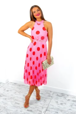 Spot The Difference - Pink Red Polka Dot Halter Neck Pleated Midi Dress