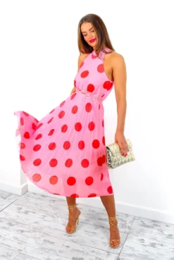 Spot The Difference - Pink Red Polka Dot Halter Neck Pleated Midi Dress -Glamoros Clothing Shop SpotTheDifference PinkRedPolkaDotHalterNeckPleatedMidiDress 5