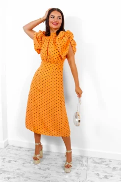 Spots Wrong? - Orange Polka Dot Midi Dress -Glamoros Clothing Shop SpotsWrong OrangePolkaDotMidiDress 1