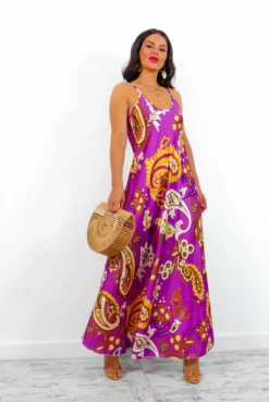 Spring Break - Purple Gold Paisley Print Maxi Slip Dress 9 Spring Break - Purple Gold Paisley Print Maxi Slip Dress -Glamoros Clothing Shop SpringBreak PurpleGoldPaisleyPrintMaxiSlipDress1