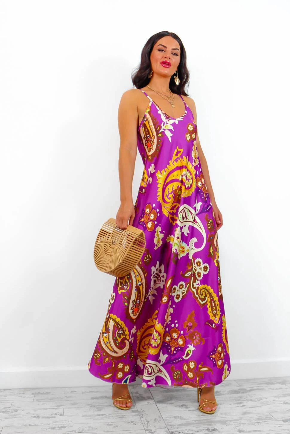 Spring Break - Purple Gold Paisley Print Maxi Slip Dress 4 Spring Break - Purple Gold Paisley Print Maxi Slip Dress - Image 4